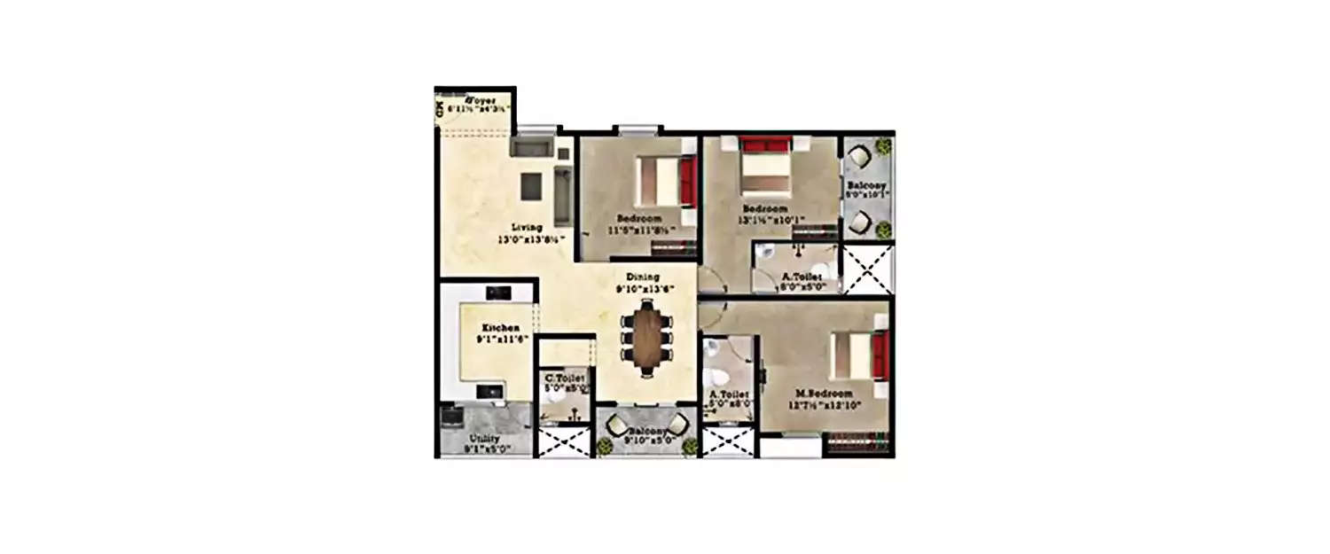 Floor plan for 3 BHK