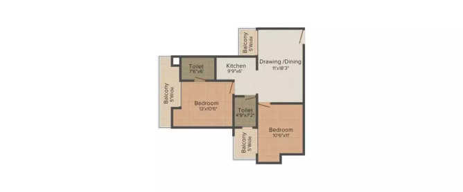 Supertech Ecociti Sector 137 - Floor plan 2 BHK 1082 Sq.ft
