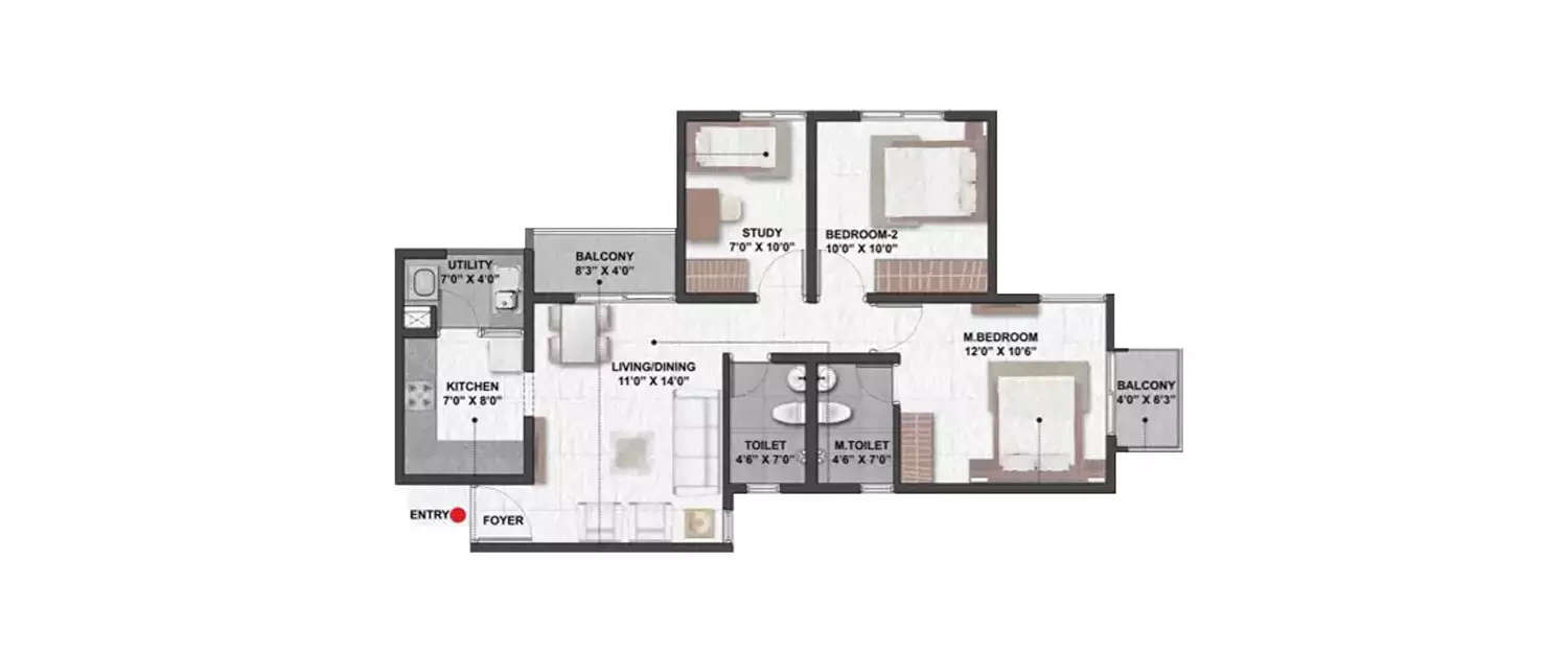 Floor plan for 3 BHK