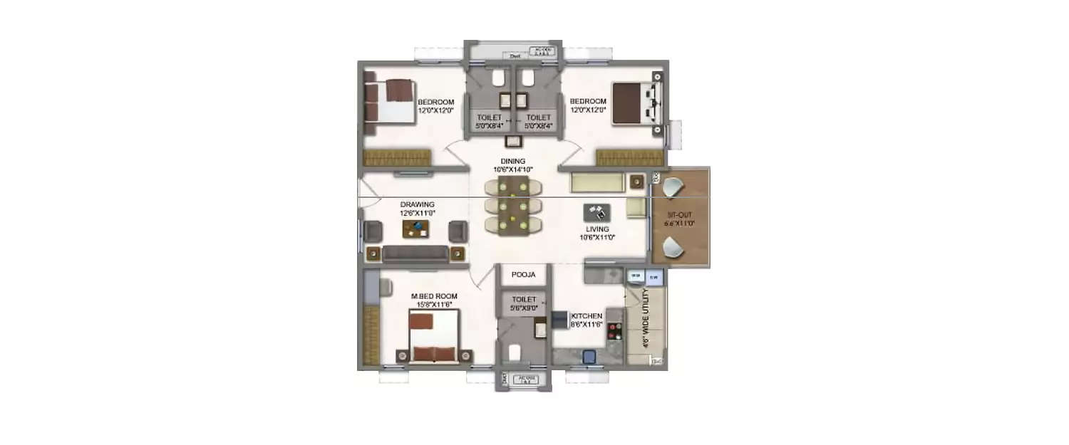 Floor plan for 3 BHK