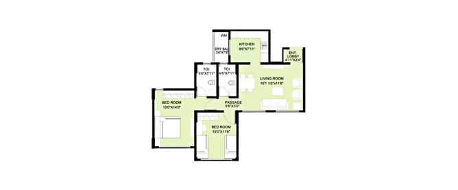 Pride Purple Park Springs Lohegaon - Floor plan 2 BHK 945 Sq.ft