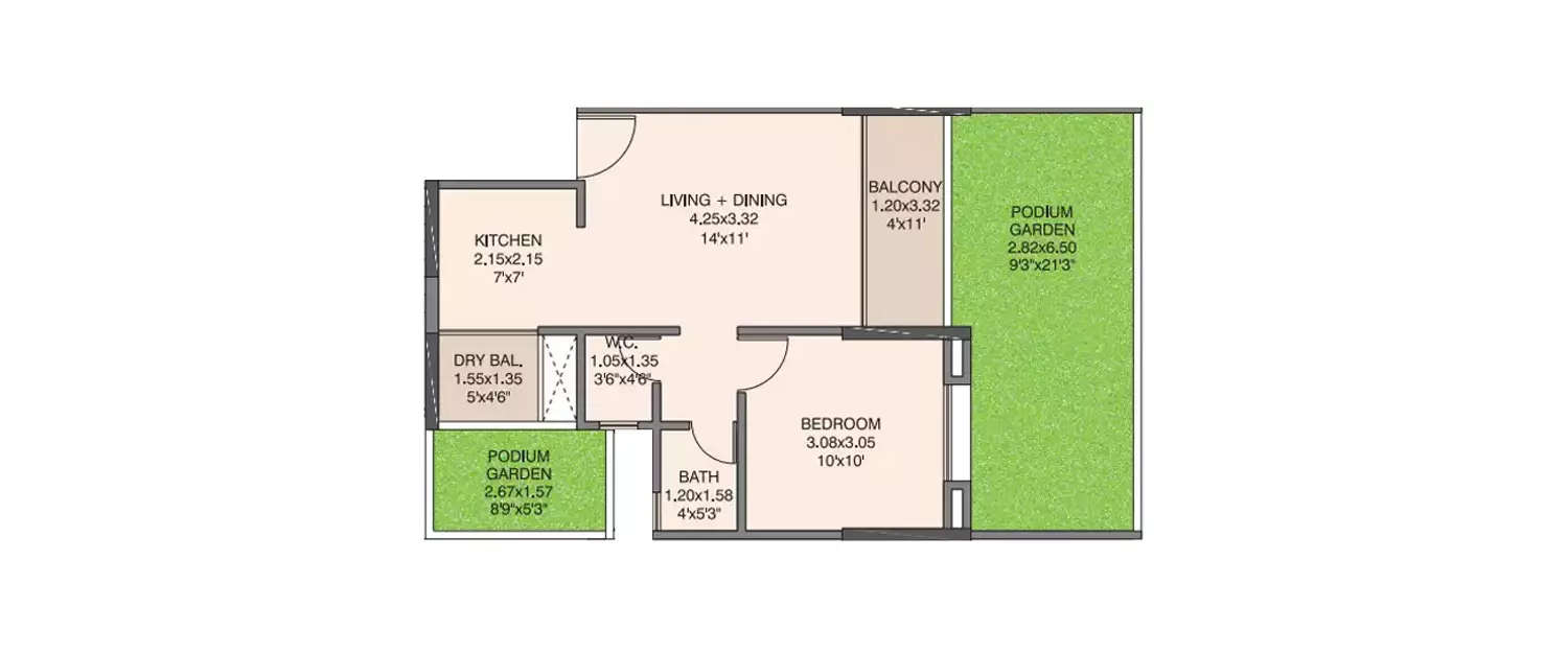 Floor plan for 1 BHK