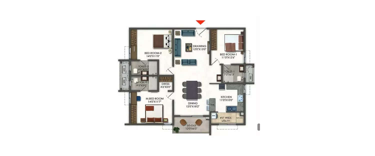 Floor plan for 3 BHK