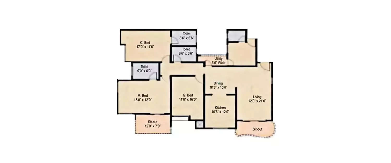Floor plan for 3 BHK