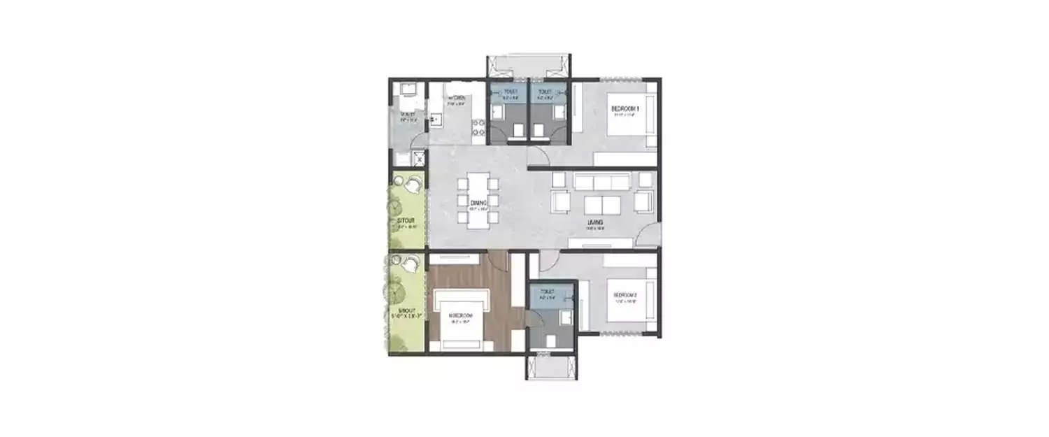 Floor plan for 3 BHK