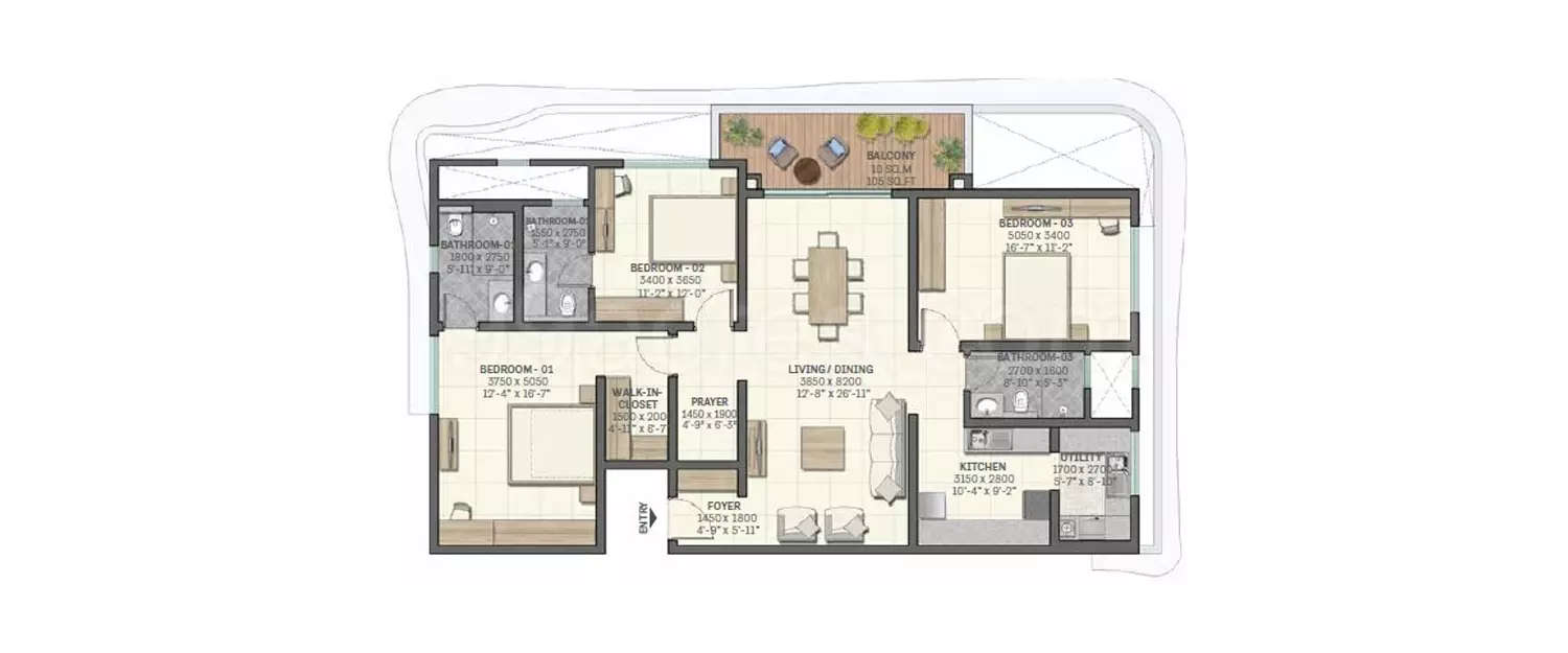 Floor plan for 3 BHK