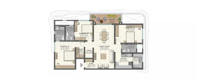 Sobha Waterfront Somajiguda - Floor plan 3 BHK 1437 Sq.ft