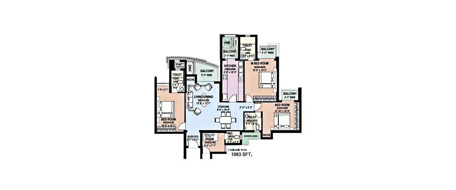Floor plan for 3 BHK