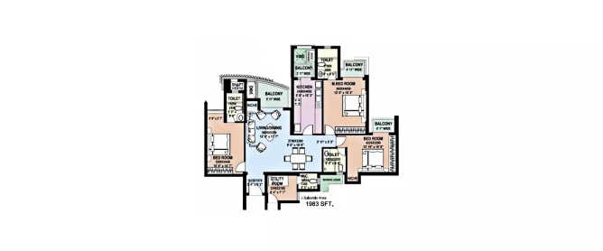 DLF Park Place Sector 54 Gurgaon - Floor plan 3 BHK 1983 Sq.ft