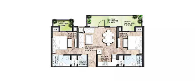Supertech 27 Heights Sector 16B Greater Noida W - Floor plan 2 BHK 1095 Sq.ft