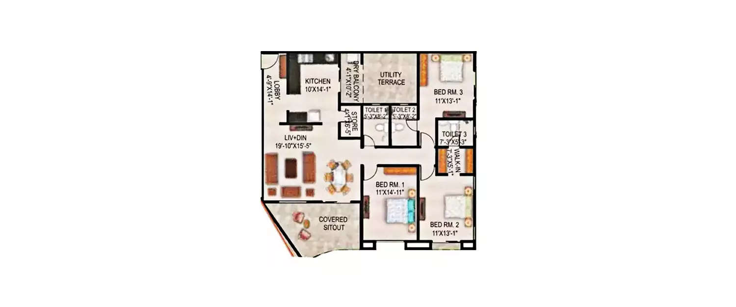 Floor plan for 3 BHK