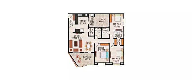 Paranjape Schemes The Highlands Bhugaon - Floor plan 3 BHK 1244 Sq.ft