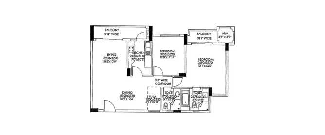 DLF Commanders Court Egmore - Floor plan 2 BHK 1345 Sq.ft