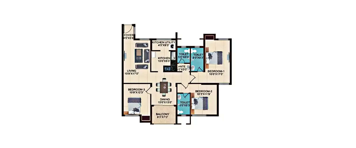 Floor plan for 3 BHK