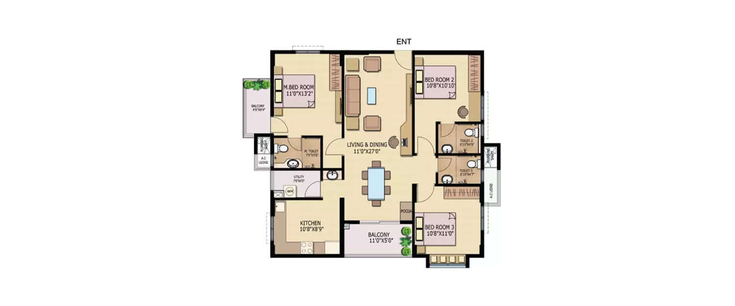 Floor plan for 3 BHK