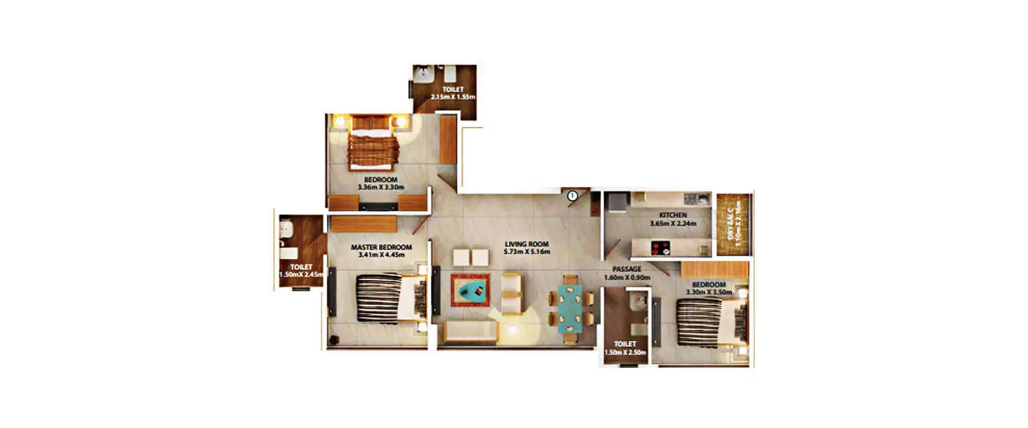 Floor plan for 3 BHK