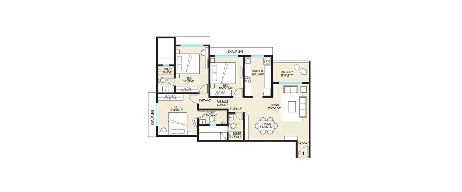 Floor plan for 3 BHK