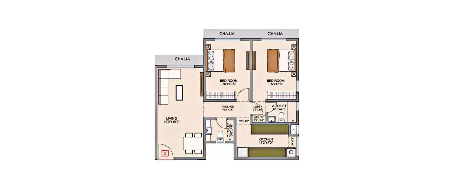 Floor plan for 2 BHK