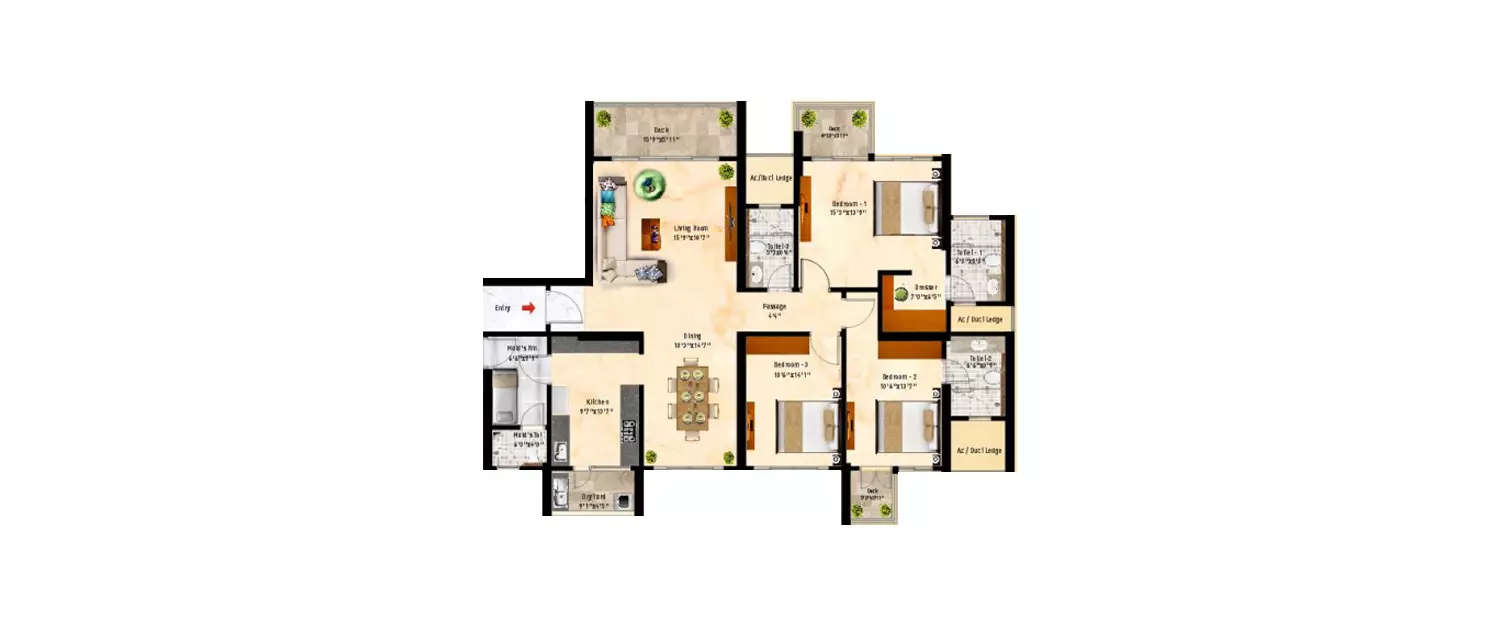 Floor plan for 3 BHK