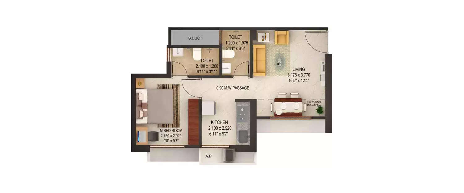 Floor plan for 1 BHK