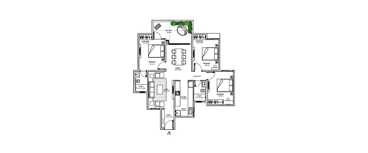 Floor plan for 3 BHK