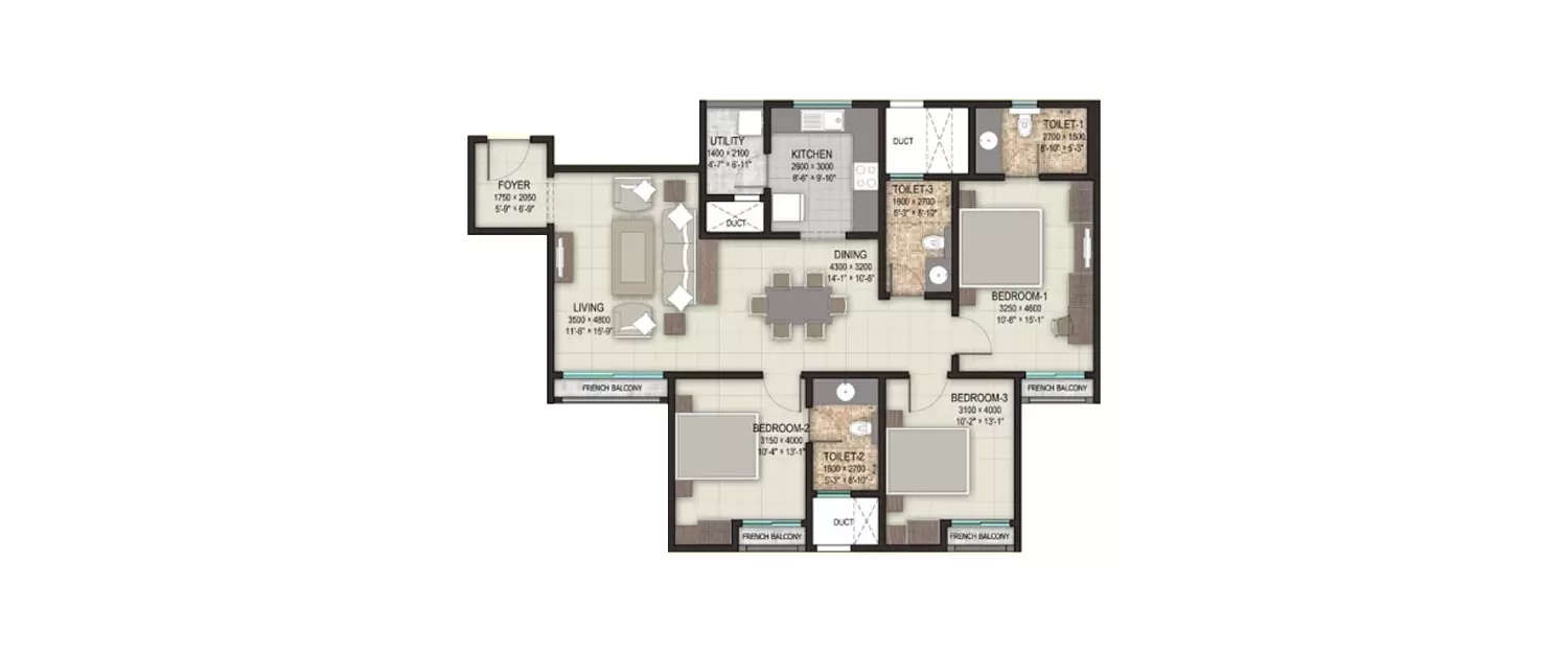 Floor plan for 3 BHK