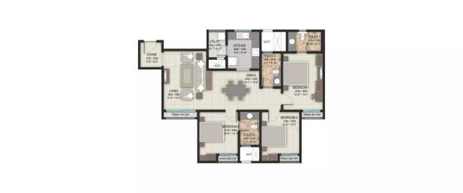 Sobha Valley View Hosakerehalli - Floor plan 3 BHK 1612 Sq.ft