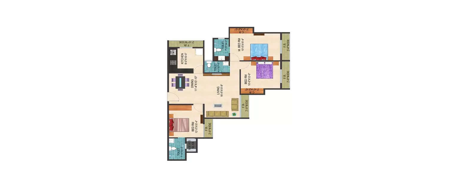 Floor plan for 3 BHK