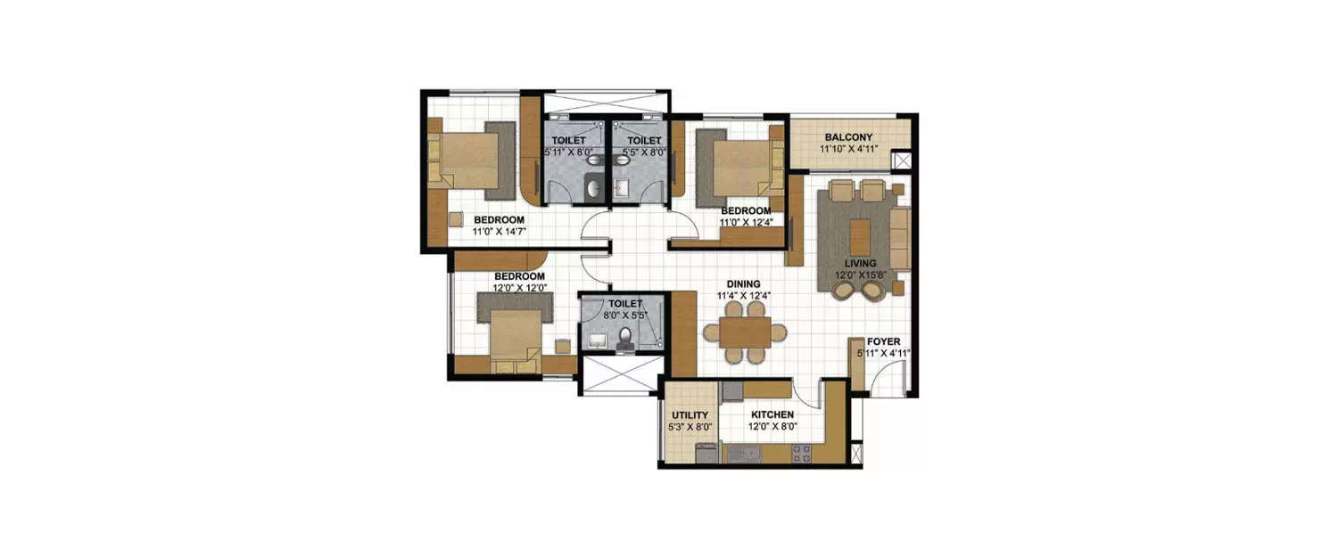 Floor plan for 3 BHK