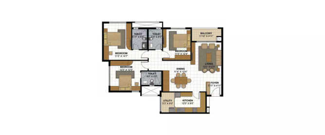 Prestige Parkview Whitefield - Floor plan 3 BHK 1704 Sq.ft