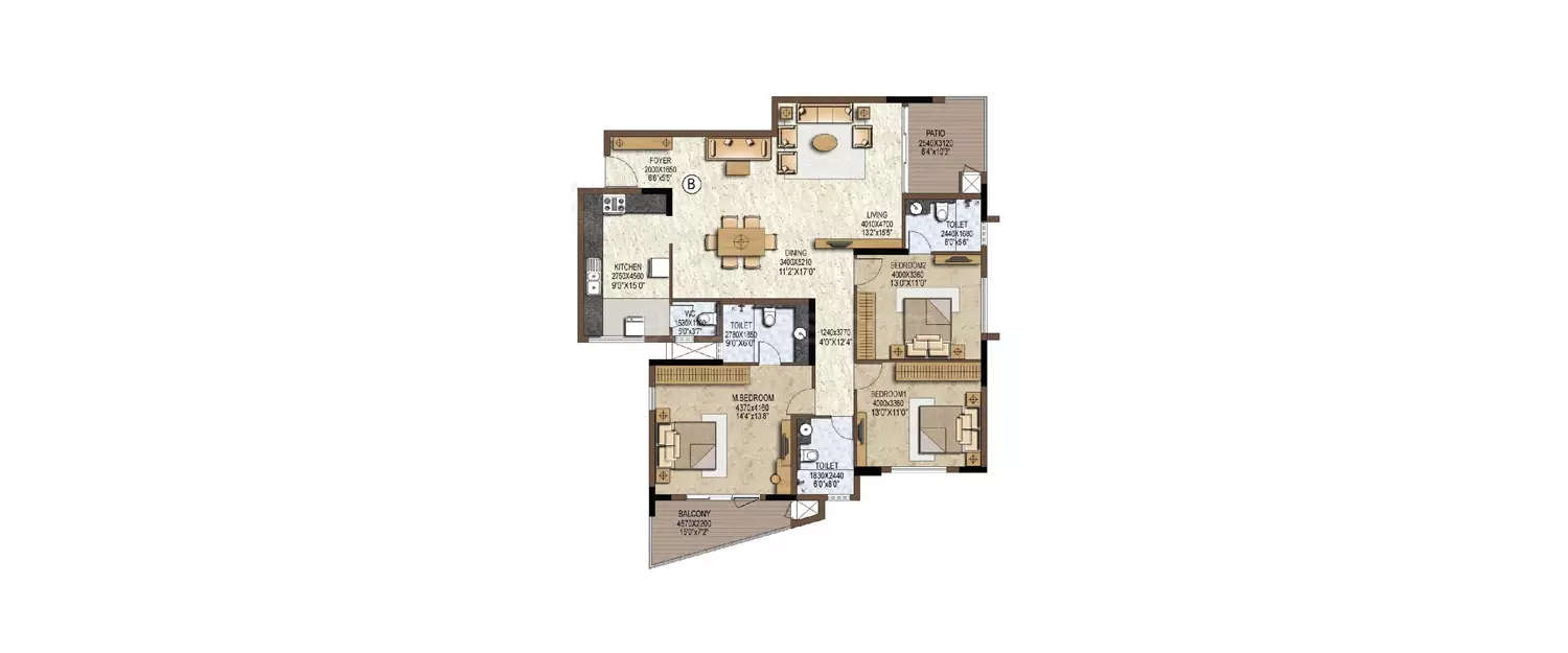 Floor plan for 3 BHK