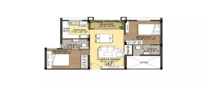 Radiance Mercury Perumbakkam - Floor plan 2 BHK 967 Sq.ft