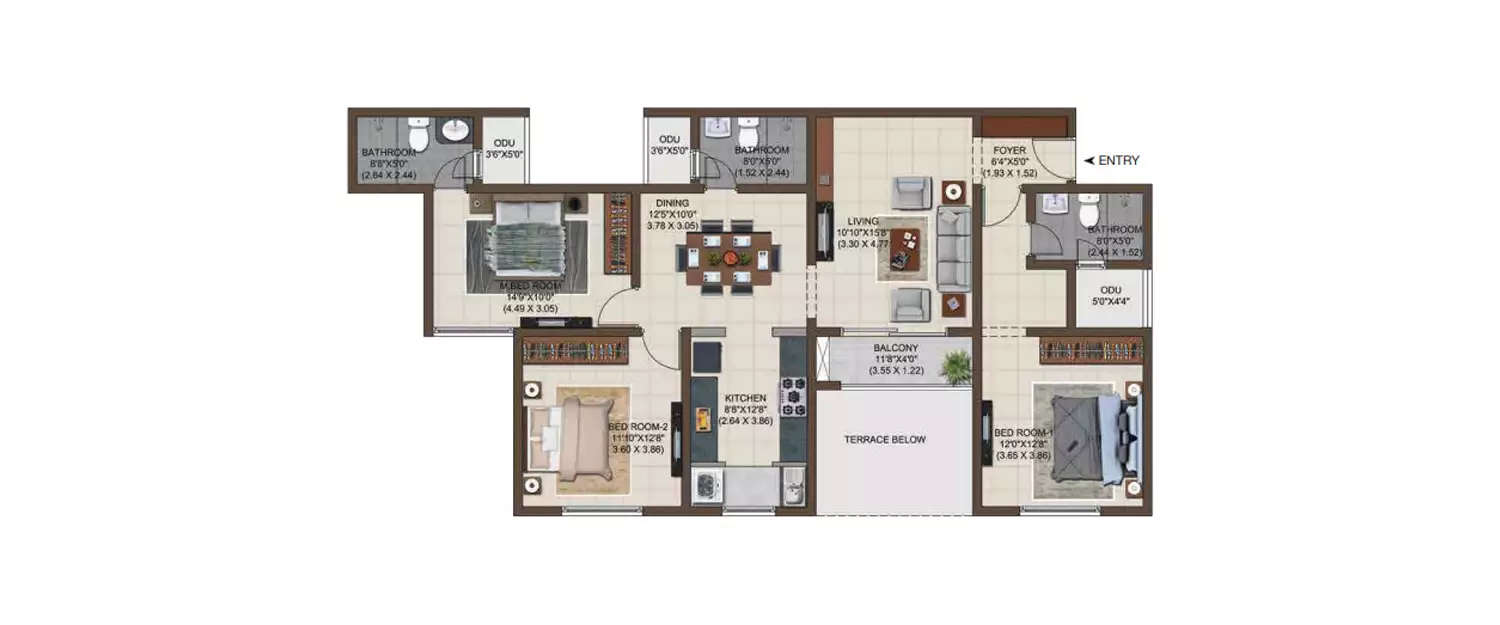 Floor plan for 3 BHK