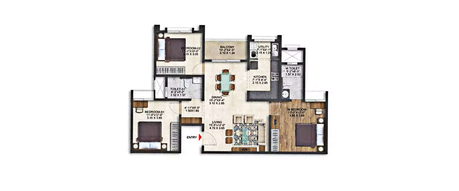 Floor plan for 3 BHK