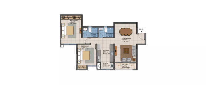 Casagrand ECR14 Signature Kanathur Reddikuppam - Floor plan 2 BHK 1256 Sq.ft