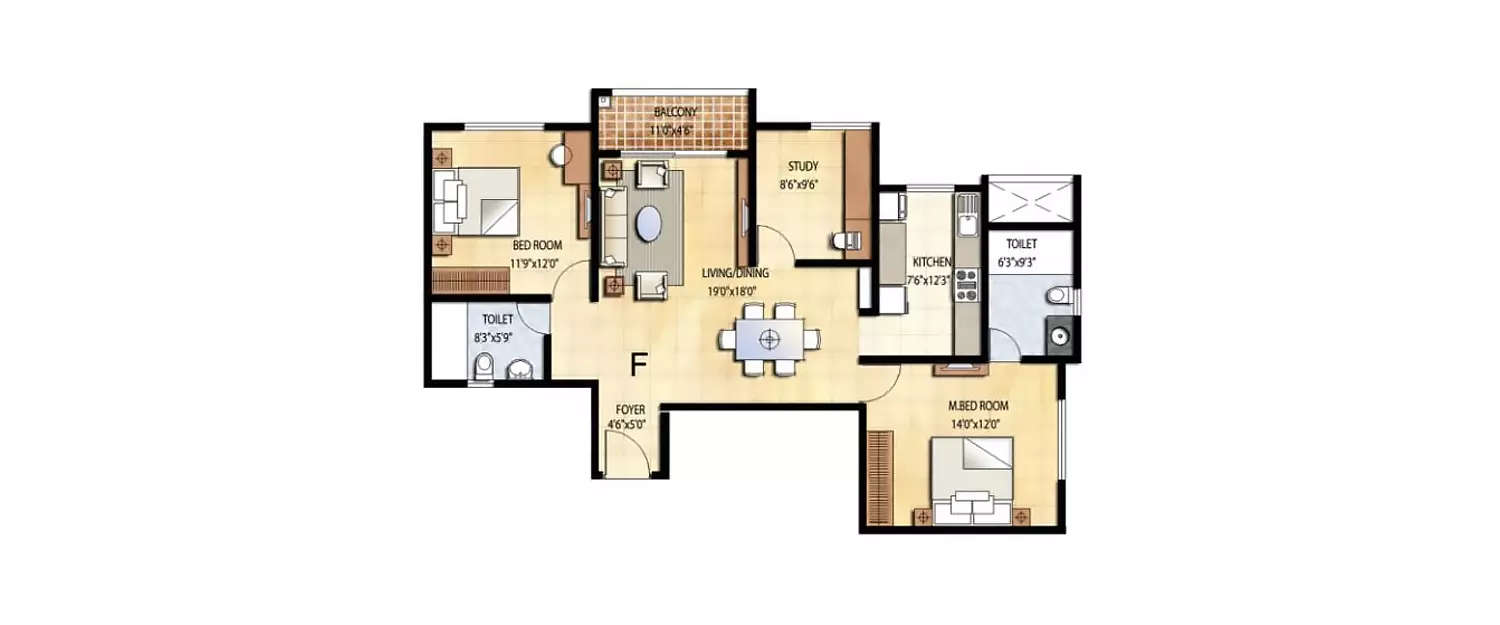 Floor plan for 3 BHK