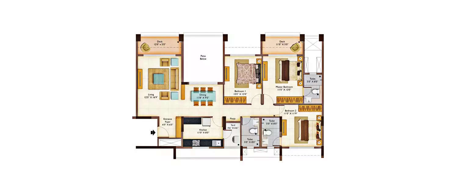 Floor plan for 3 BHK