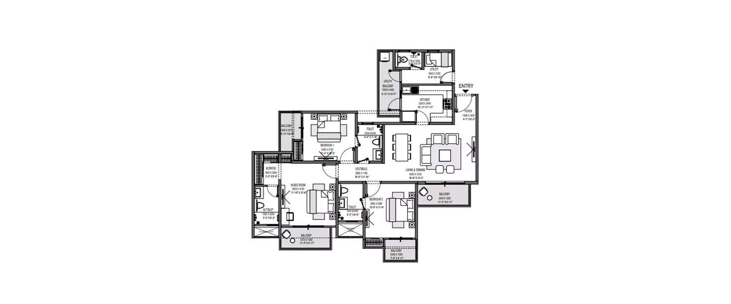 Floor plan for 3 BHK