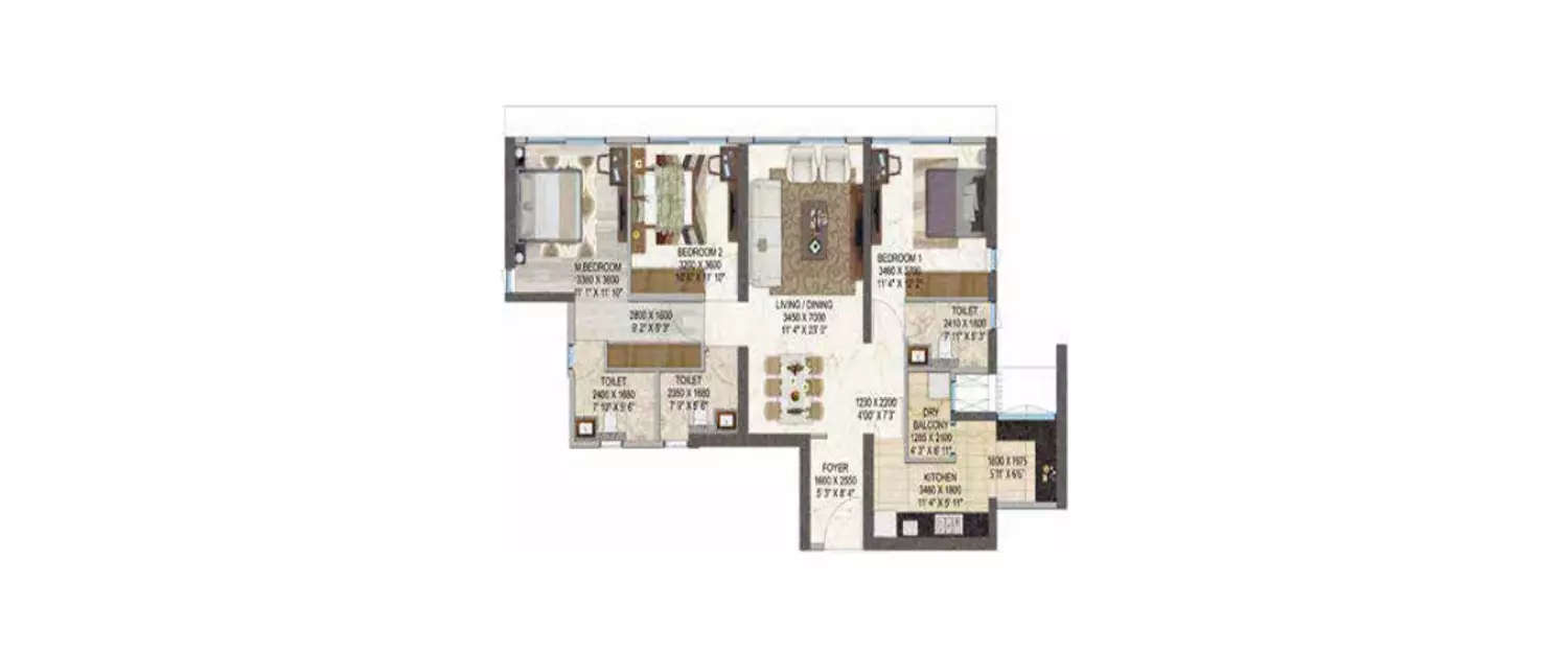 Floor plan for 3 BHK