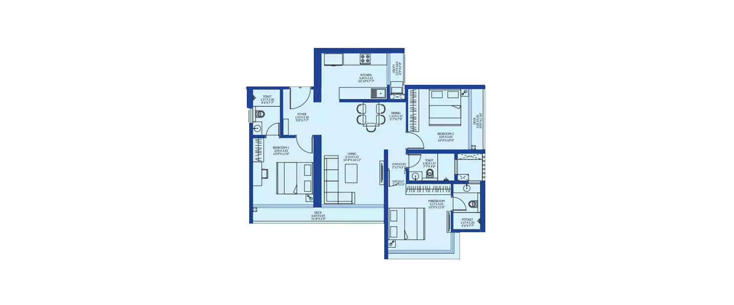 Floor plan for 3 BHK