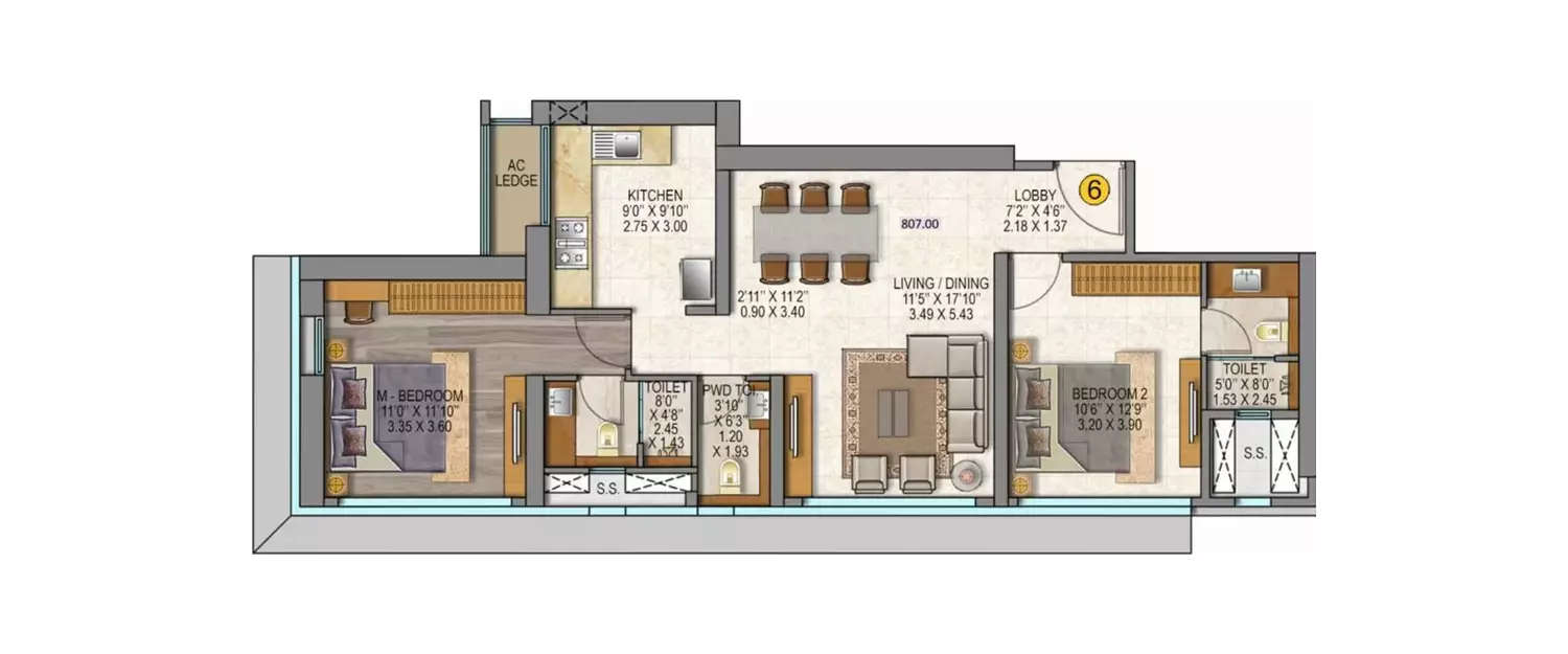 Floor plan for 2 BHK