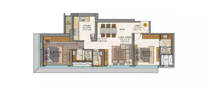 Sheth Auris Serenity Malad - Floor plan 2 BHK 793 Sq.ft
