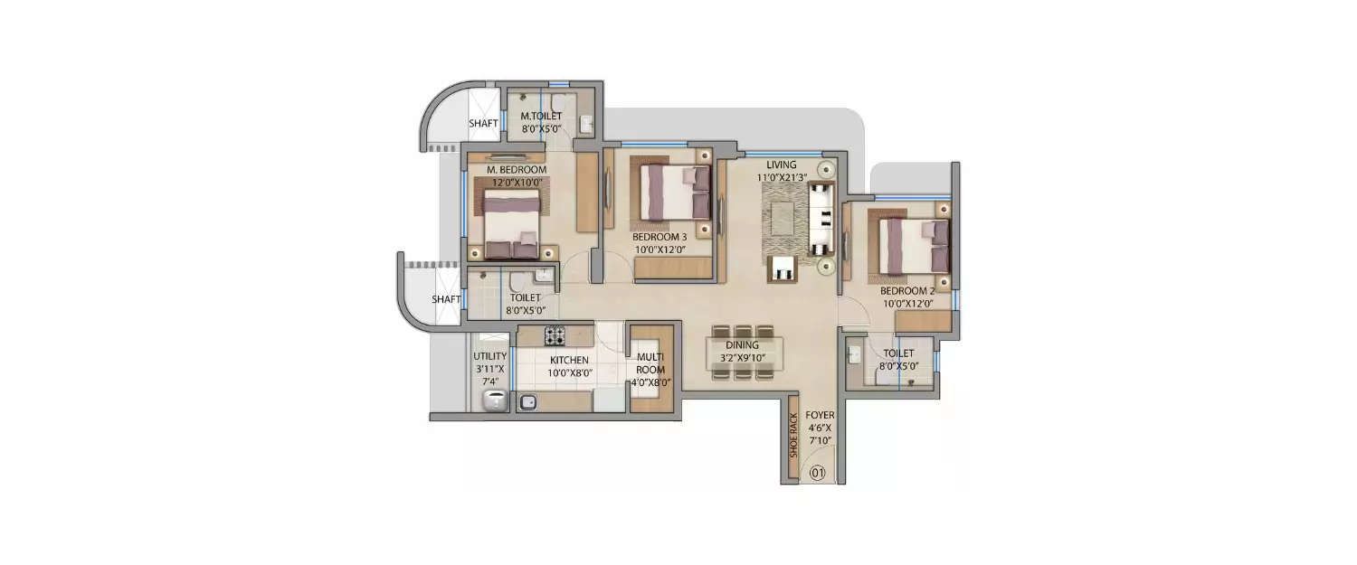 Floor plan for 3 BHK
