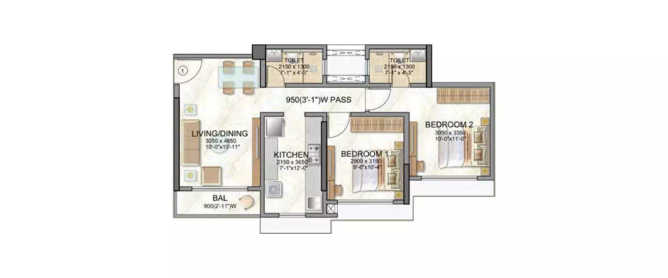 Kanakia Greenberg Panvel - Floor plan 2 BHK 639 Sq.ft