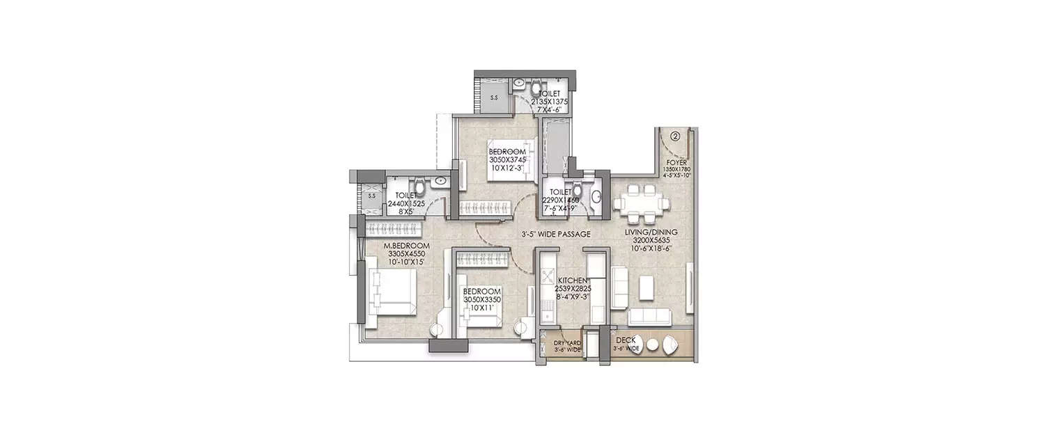 3 BHK Apartment 1178 Sq.ft