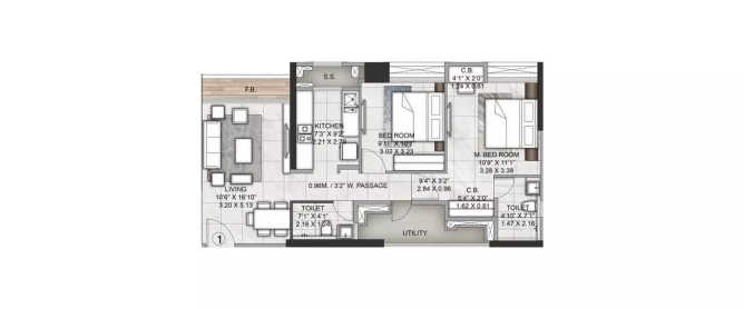Rustomjee Azziano Majiwada - Floor plan 2 BHK 713 Sq.ft