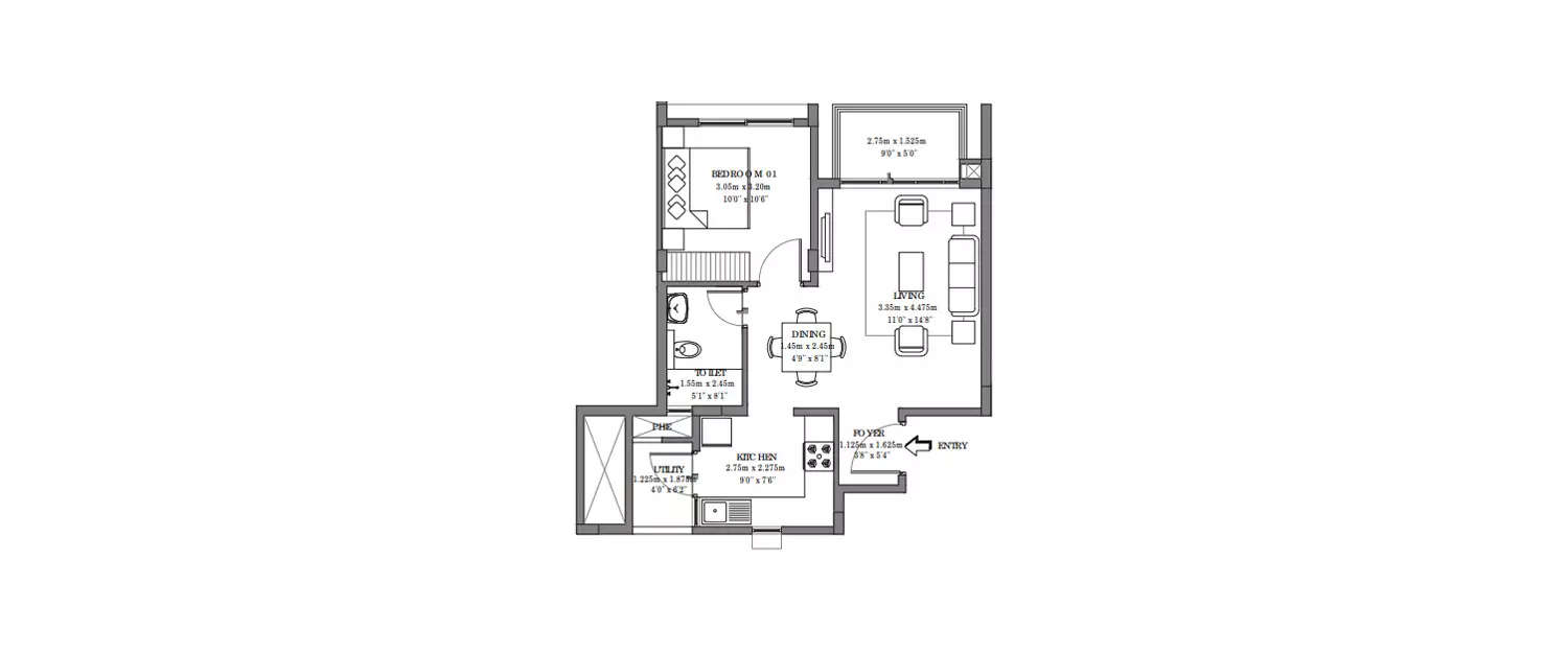 Floor plan for 1 BHK