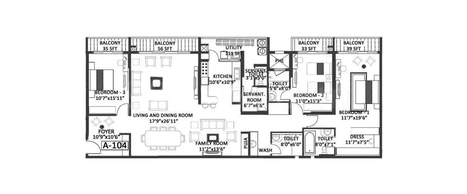 Floor plan for 3 BHK