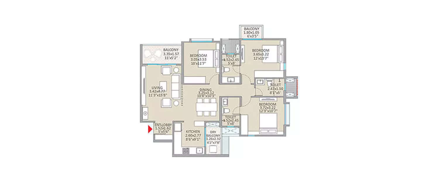 Floor plan for 3 BHK