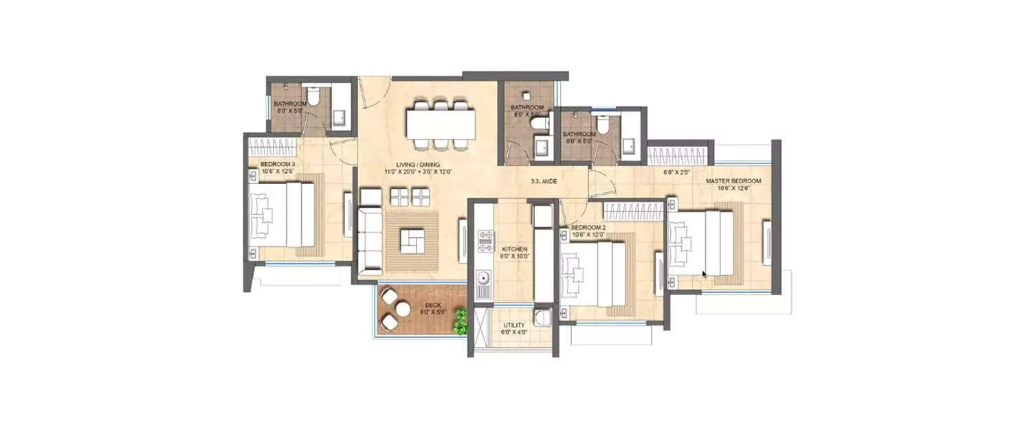 Floor plan for 3 BHK